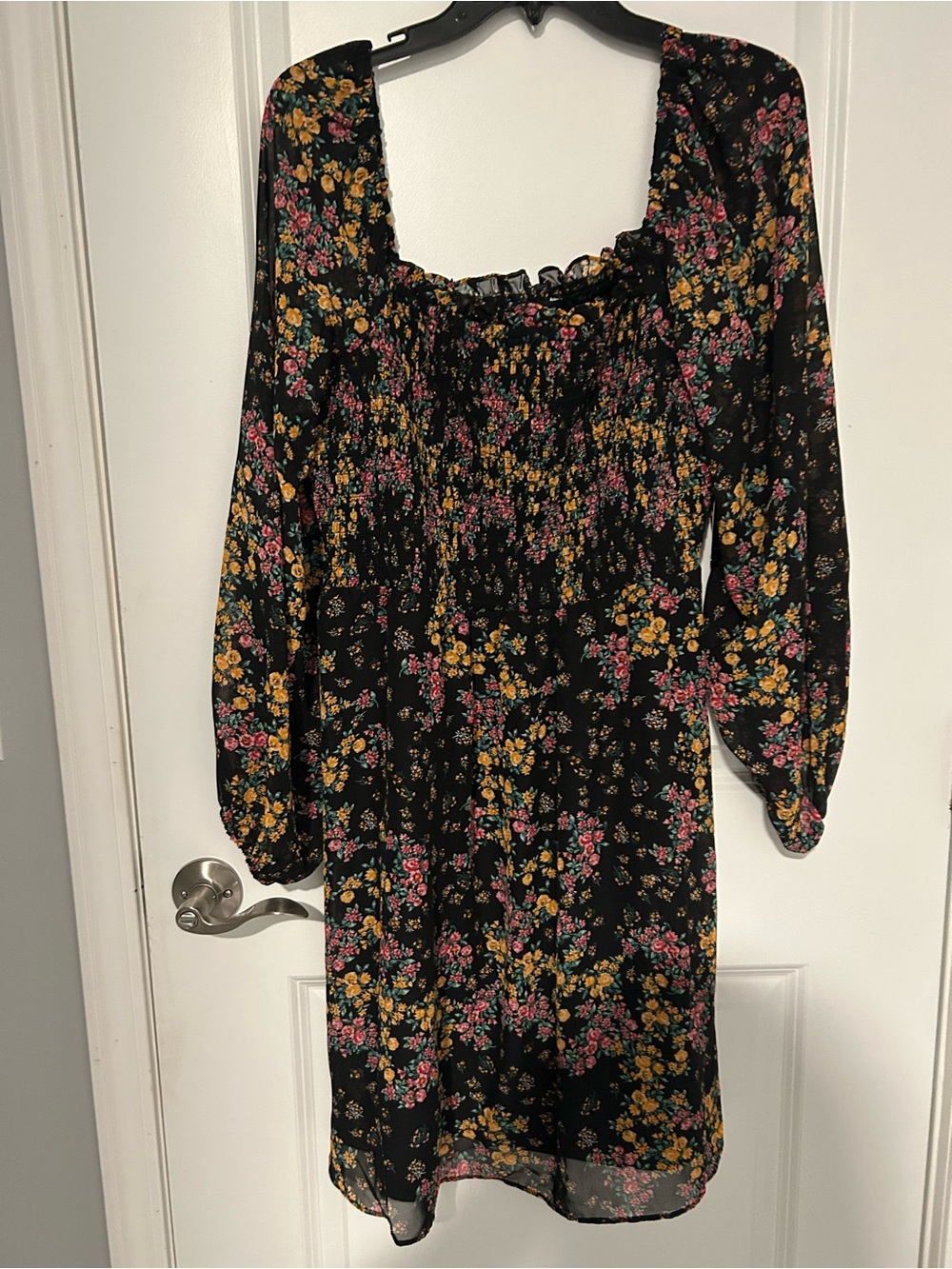 BCBG Black Floral Smocked Dress with Yellow & Pink Print